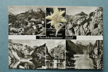 AK Gruss aus dem Berchtesgadener Land / 1958 / Mehrbildkarte / echtes Edelweiss / Kehlsteinhasu / Obersee / St Bartholomä